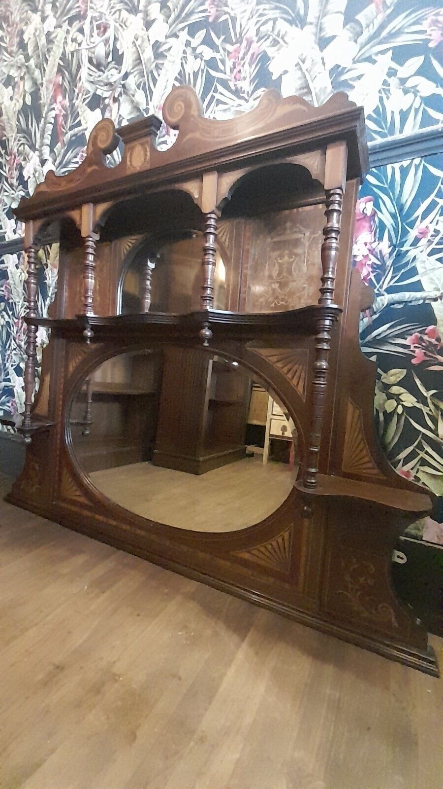 Antique Large Inlayed Mahogany Overmantel 2 Mirrors And 3 Shelves
