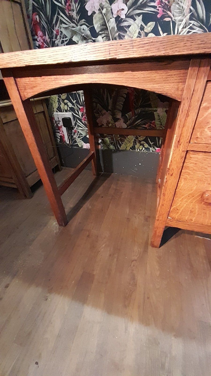Mid Century Oak Small Desk With 2 Drawers And Pull Out Shelf photo Furniture