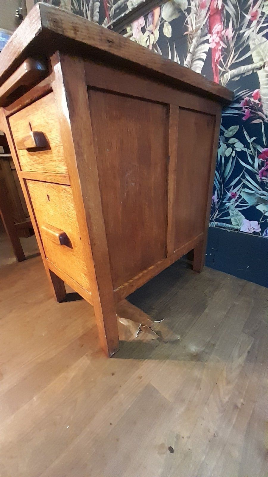 Mid Century Oak Small Desk With 2 Drawers And Pull Out Shelf photo vinterior