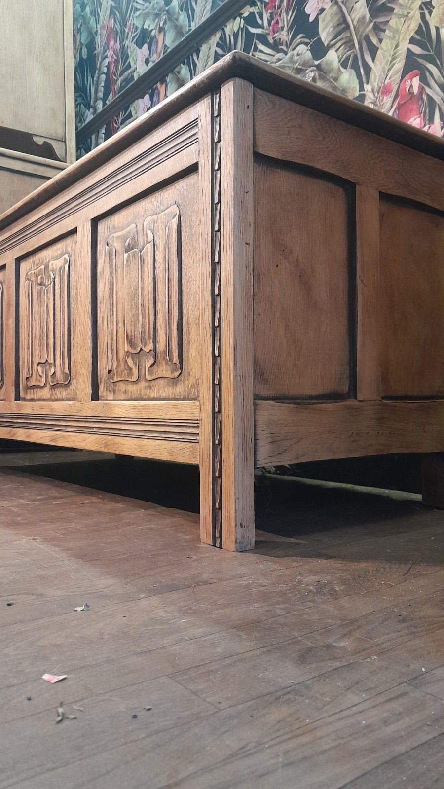 Vintage Solid Carved Oak Blanket Chest With Hinged Lid photo 285.0