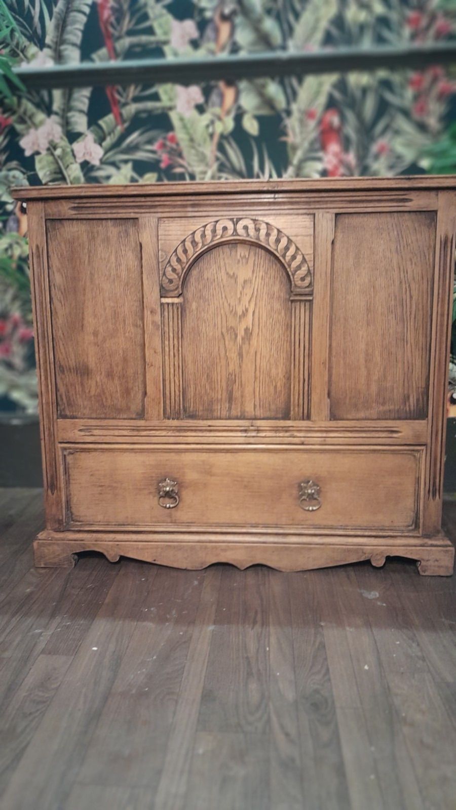 Vintage Solid Light Carved Oak Blanket Box With Hinged Lid And Drawer photo furniture