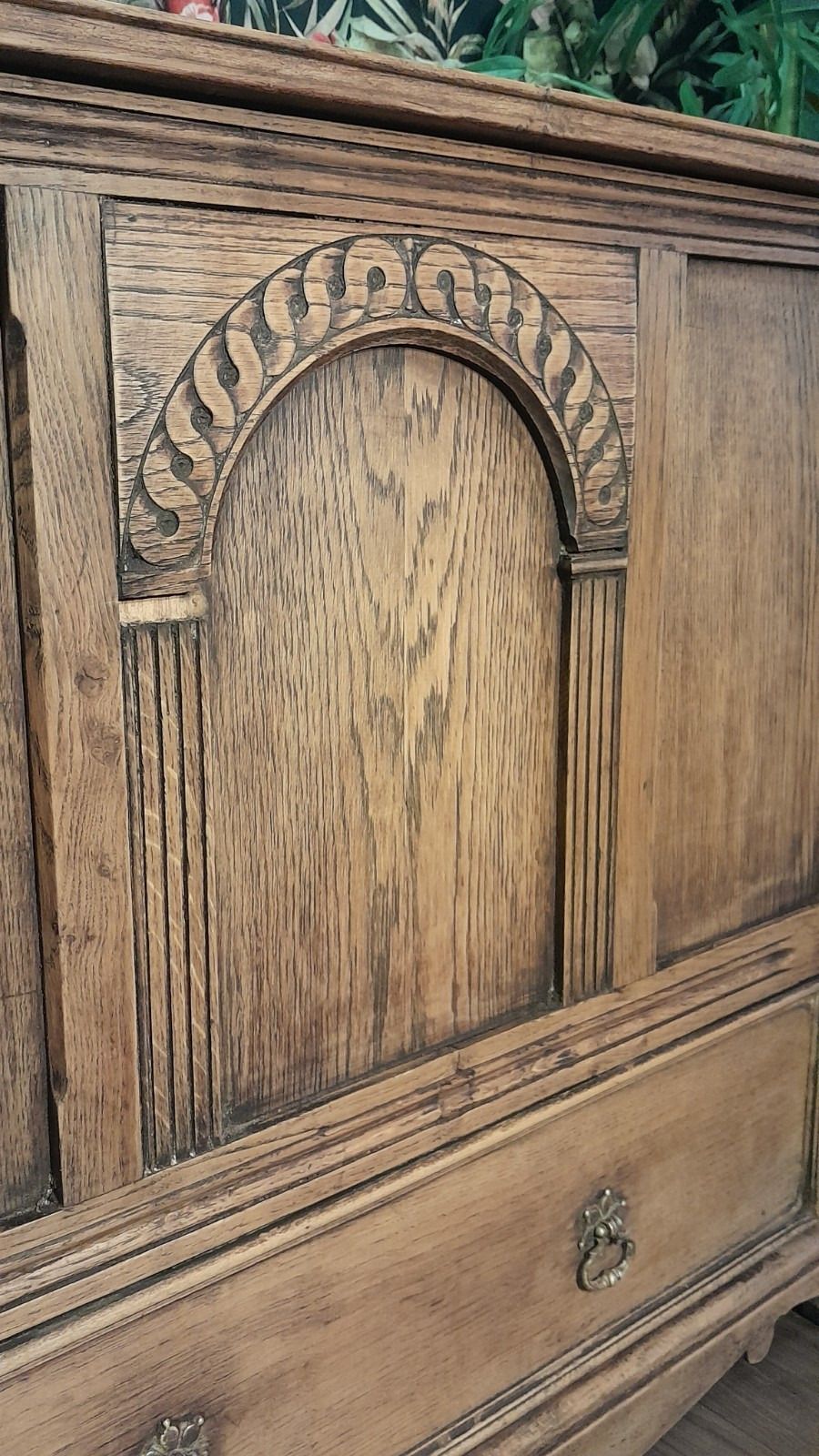 Vintage Solid Light Carved Oak Blanket Box With Hinged Lid And Drawer photo Furniture