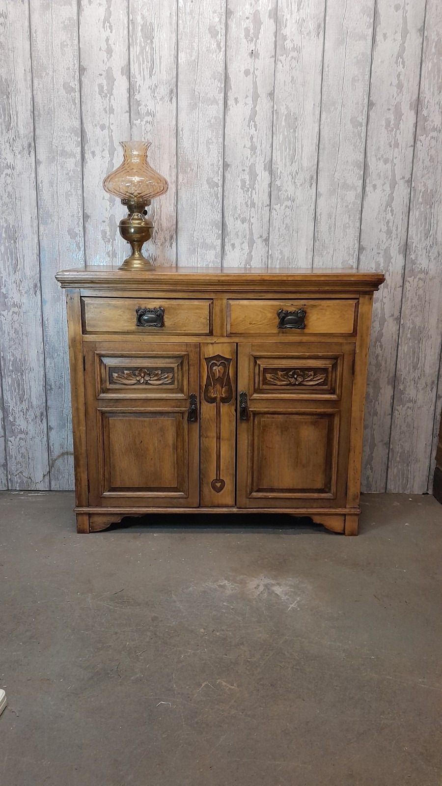 Antique Rustic Carved Wood 2 Drawer Over 2 Door Sideboard photo vintage
