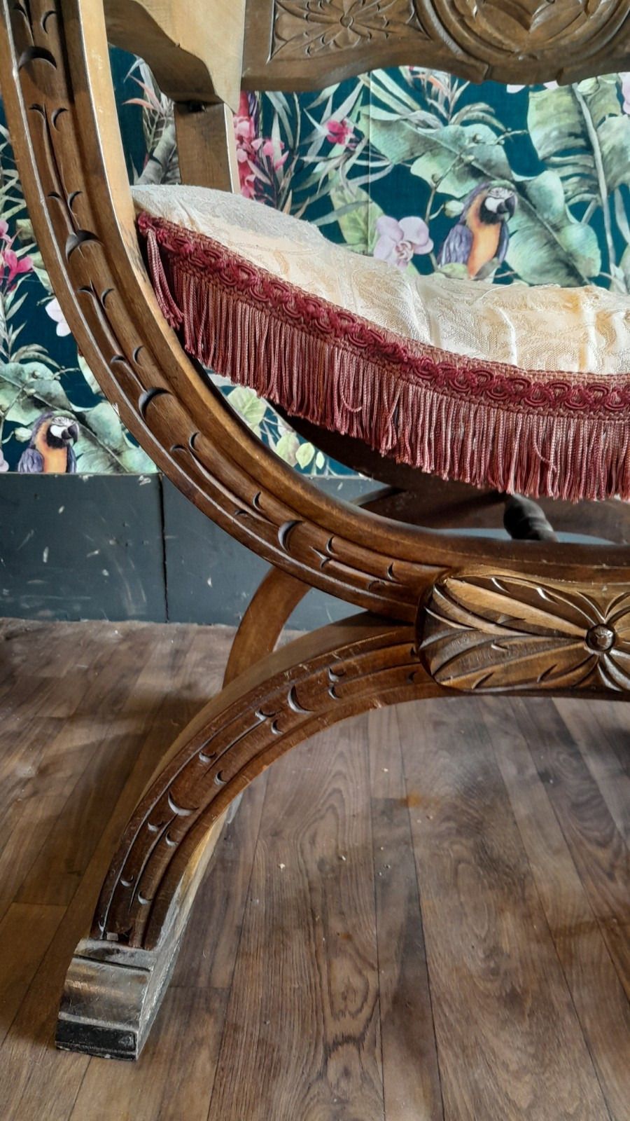 Antique Oak X Framed Dagobert Chair With Intricate Carvings photo vintage
