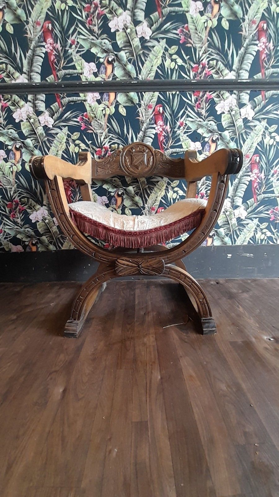 185.0 Antique Oak X Framed Dagobert Chair With Intricate Carvings photo