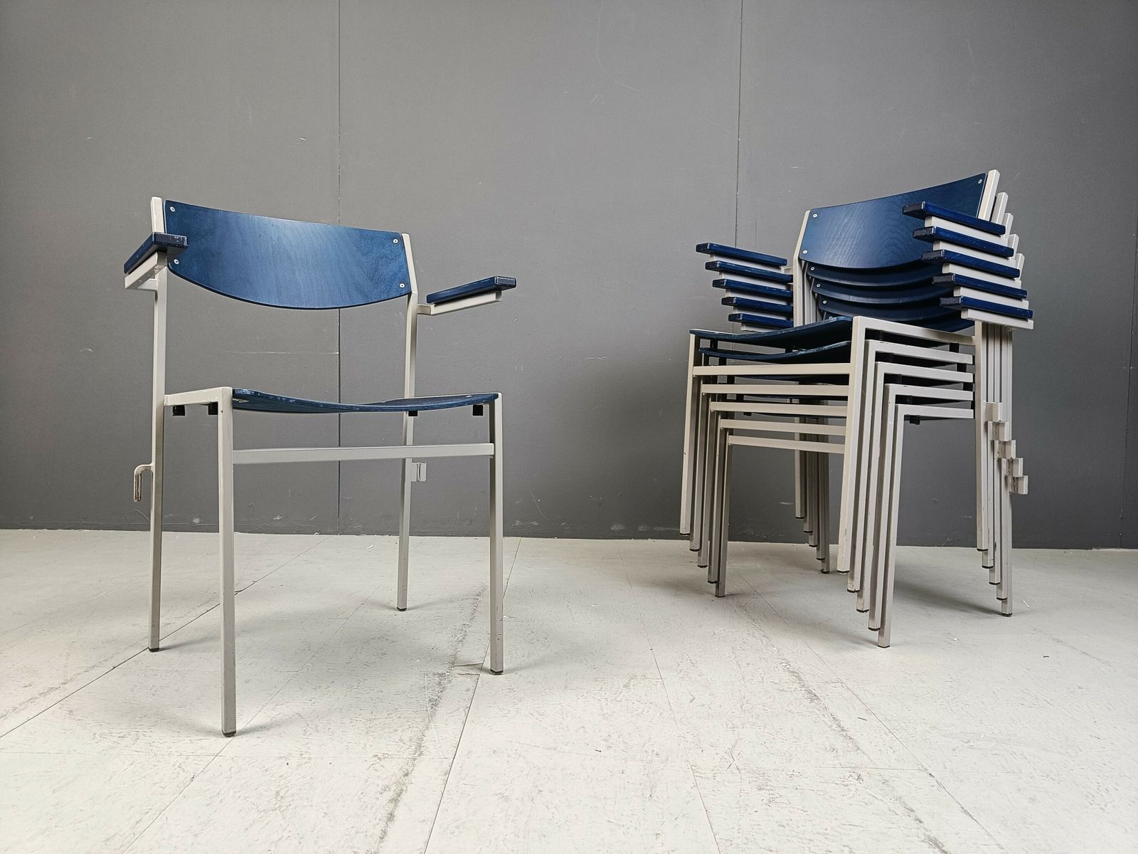 Minimalist Metal And Plywood Stackable Armchairs By Gijs Van Der Sluis, Set Of 6