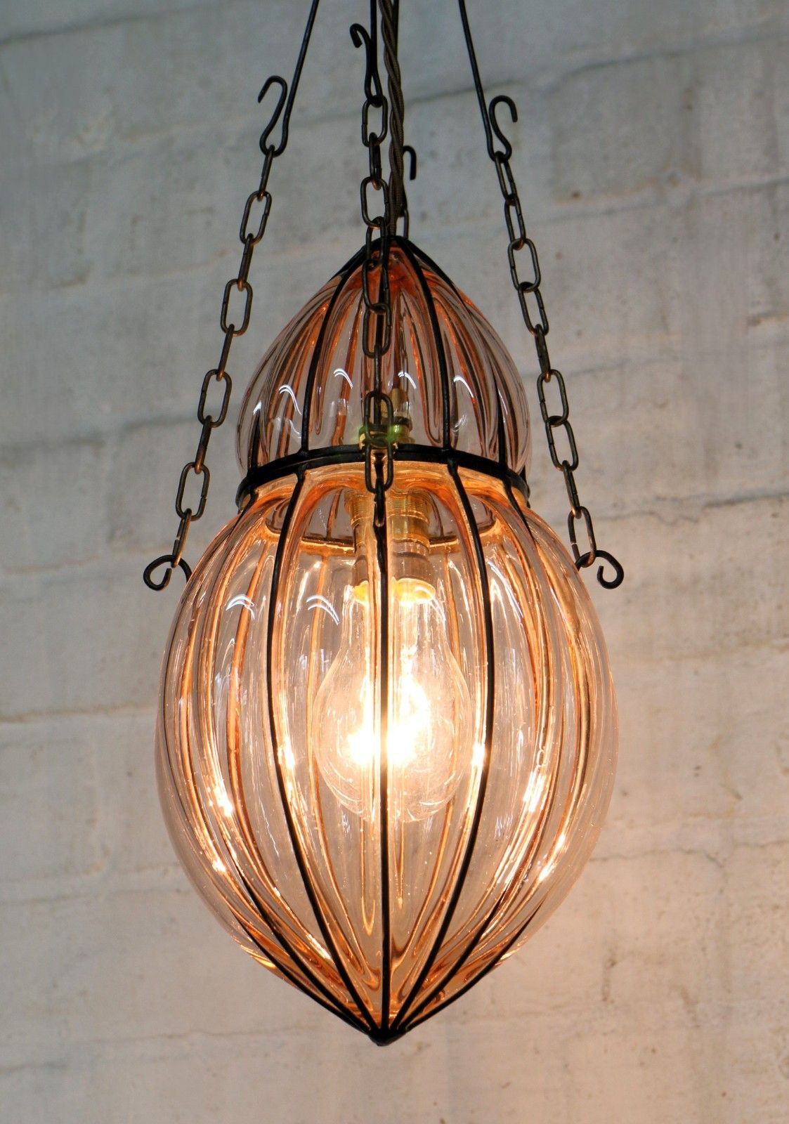 Ceiling Light Antique Cage Blown Bent Wire And Pale Pink Glass Pendant Fittings photo furniture