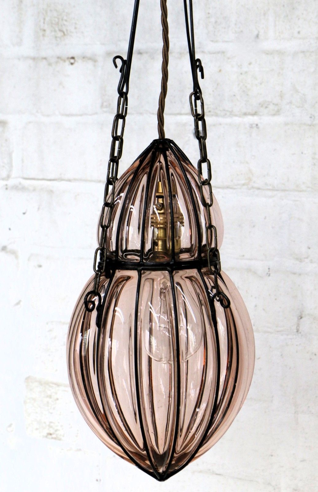 Ceiling Light Antique Cage Blown Bent Wire And Pale Pink Glass Pendant Fittings photo for sale