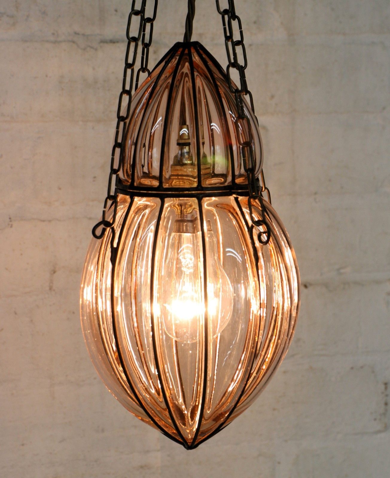 Ceiling Light Antique Cage Blown Bent Wire And Pale Pink Glass Pendant Fittings photo vinterior