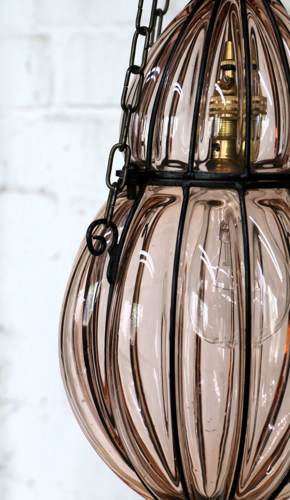 photo furniture Ceiling Light Antique Cage Blown Bent Wire And Pale Pink Glass Pendant Fittings