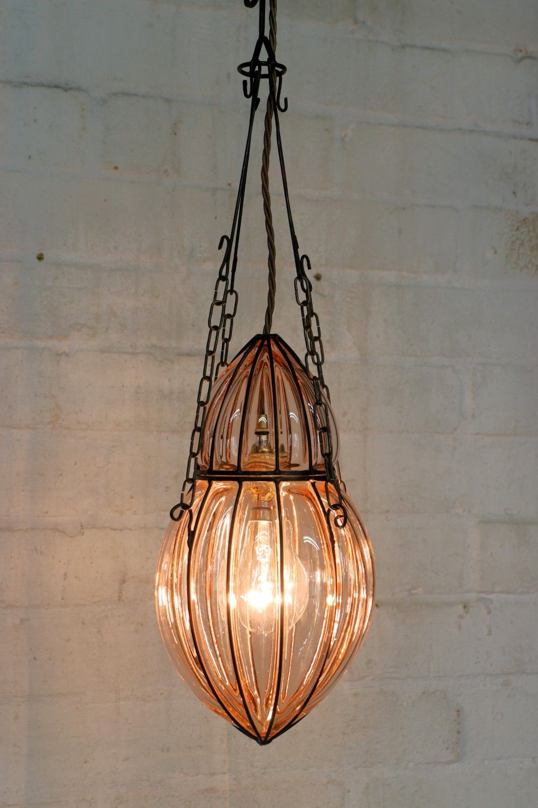 photo for sale Ceiling Light Antique Cage Blown Bent Wire And Pale Pink Glass Pendant Fittings