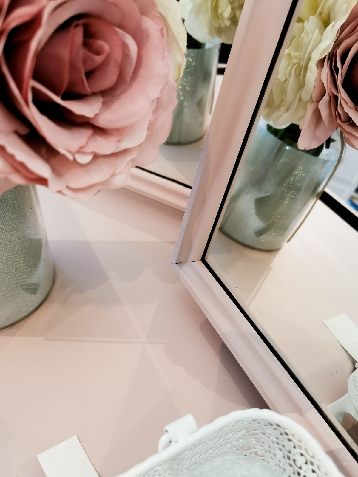 photo for sale Spray Painted Dusky Pink Stag Minstrel Dressing Table Set With Triple Mirror & Stool