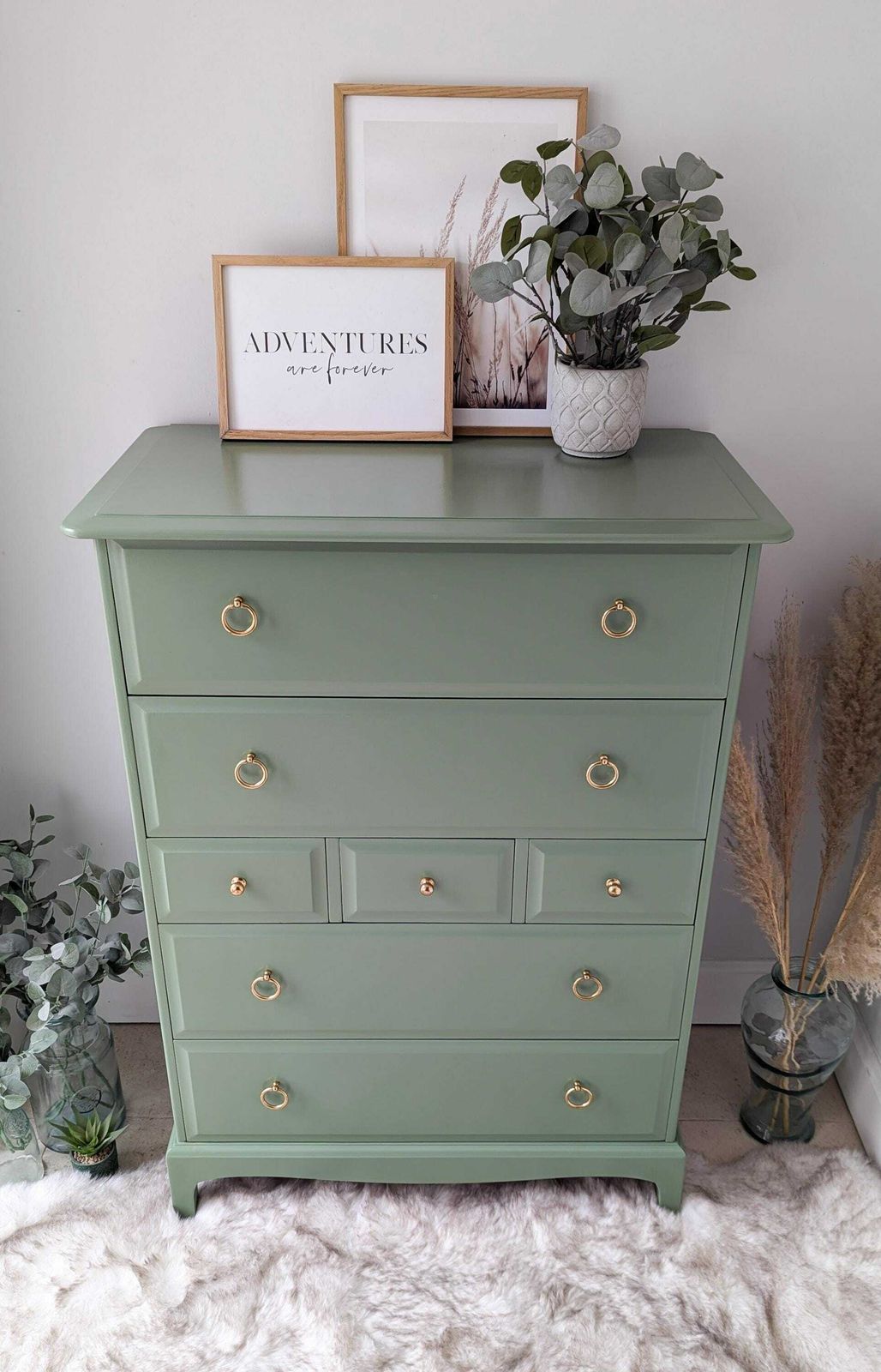 Spray Painted Sage Green Stag Minstrel Tallboy Chest Of Drawers photo vinterior