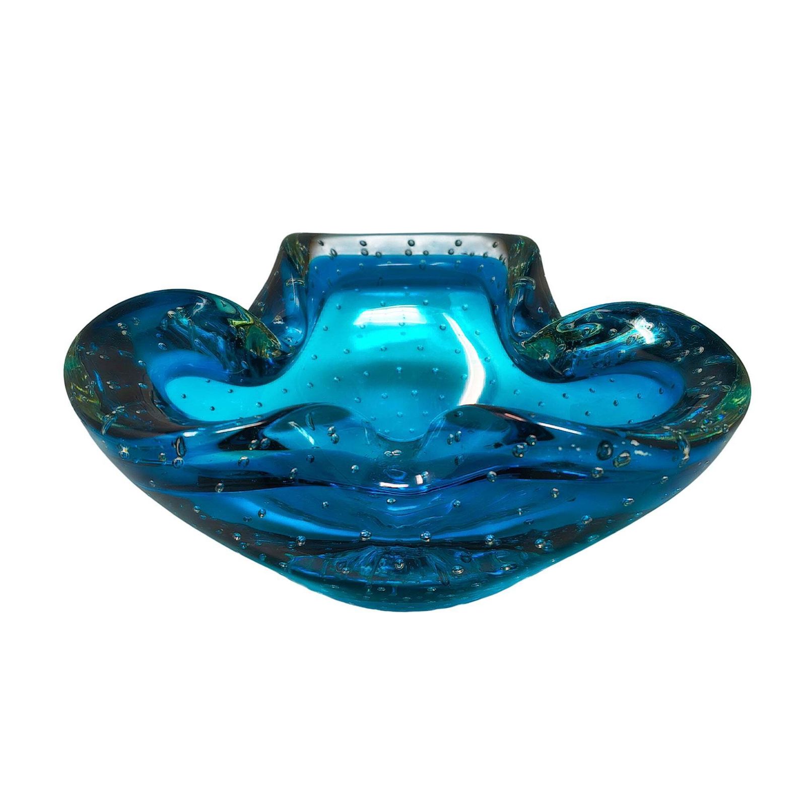 1960s Mid Century Blue Ashtray Or Catchall In Bullicante Murano Glass By Flavio Poli.