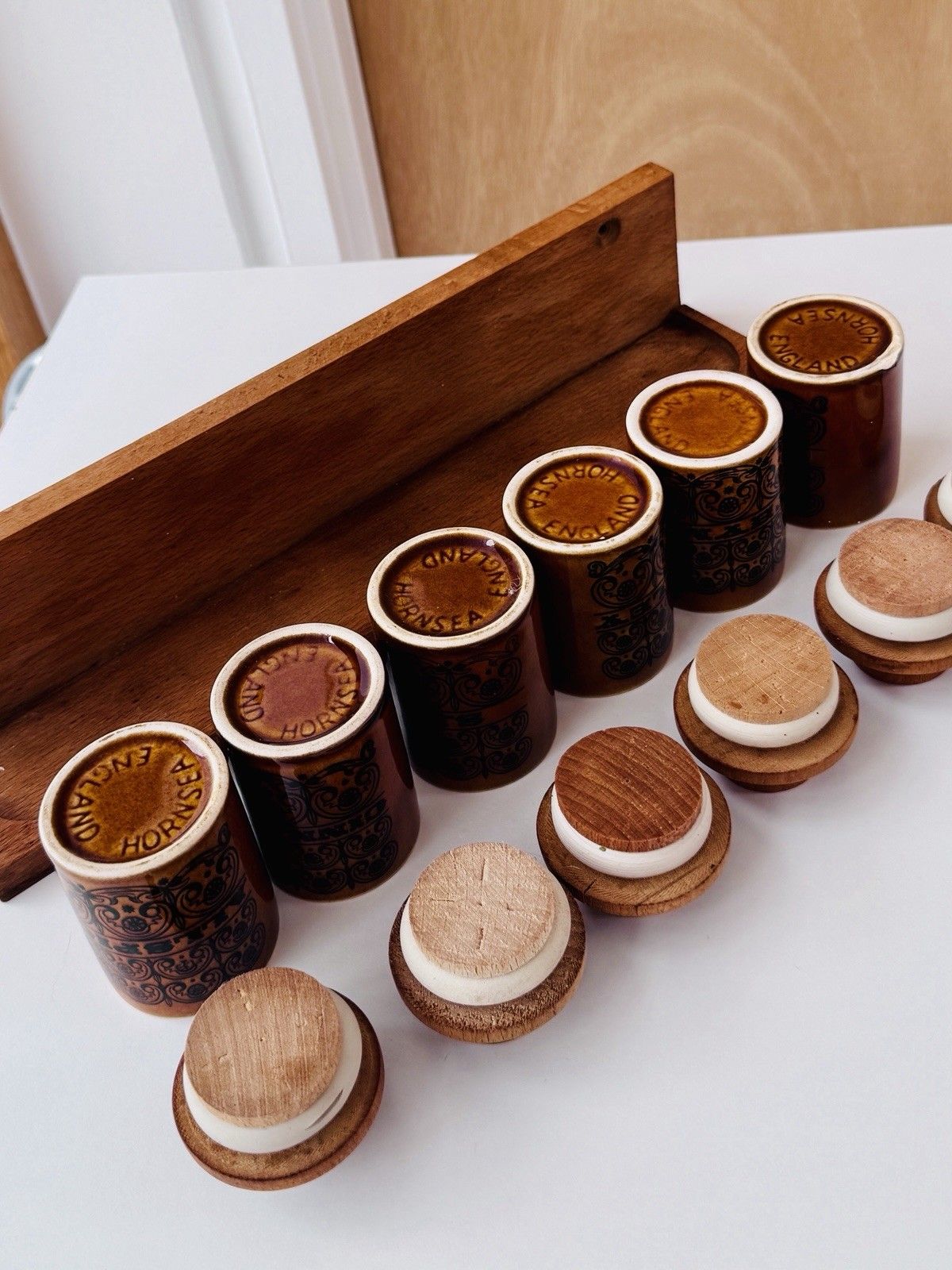 photo furniture 1960s Hornsea Pottery Scroll 6 Spice Jars With Turned Stoppers & Wooden Rack