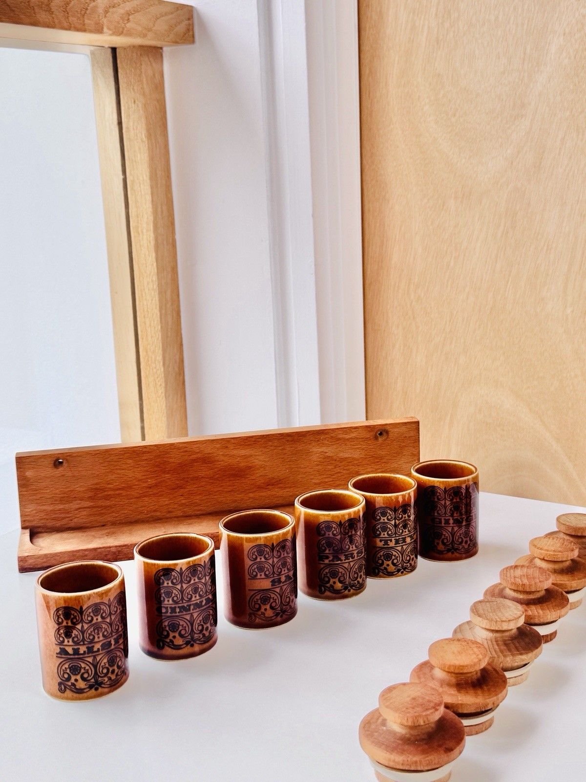 75.0 1960s Hornsea Pottery Scroll 6 Spice Jars With Turned Stoppers & Wooden Rack photo