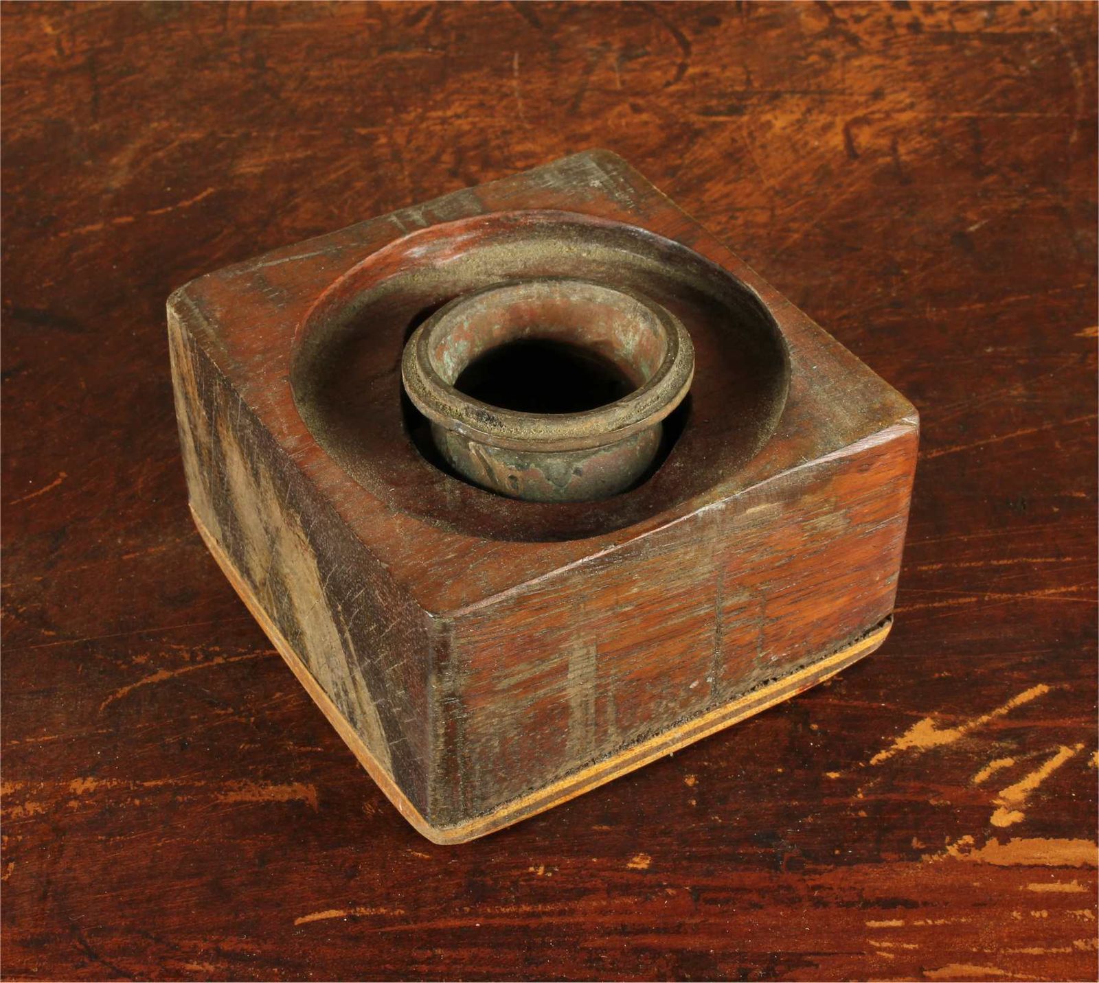photo for sale Small Vintage Copper Head Mould & Wood Stand. Bella France Doll Head.