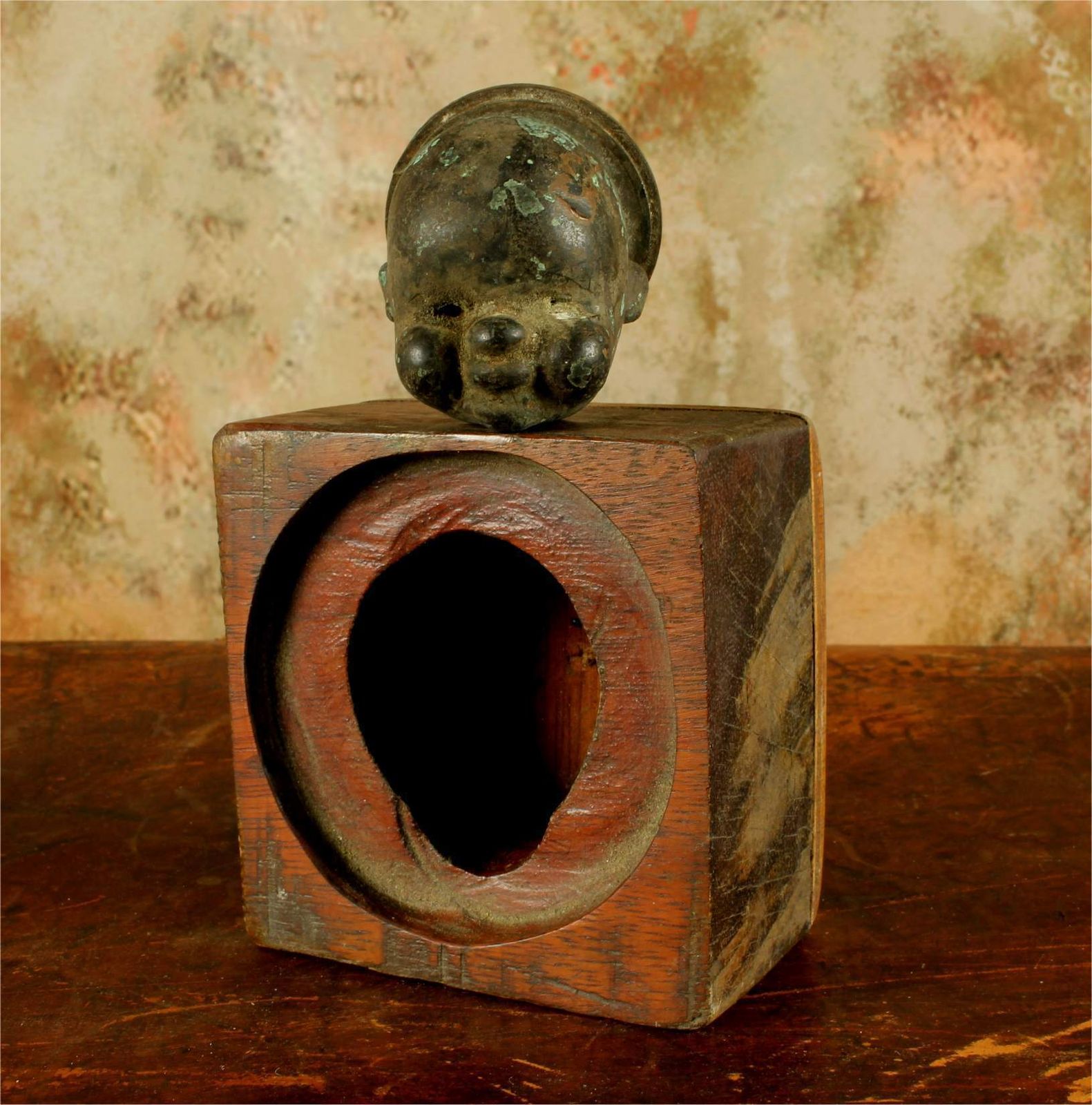 photo vinterior Small Vintage Copper Head Mould & Wood Stand. Bella France Doll Head.