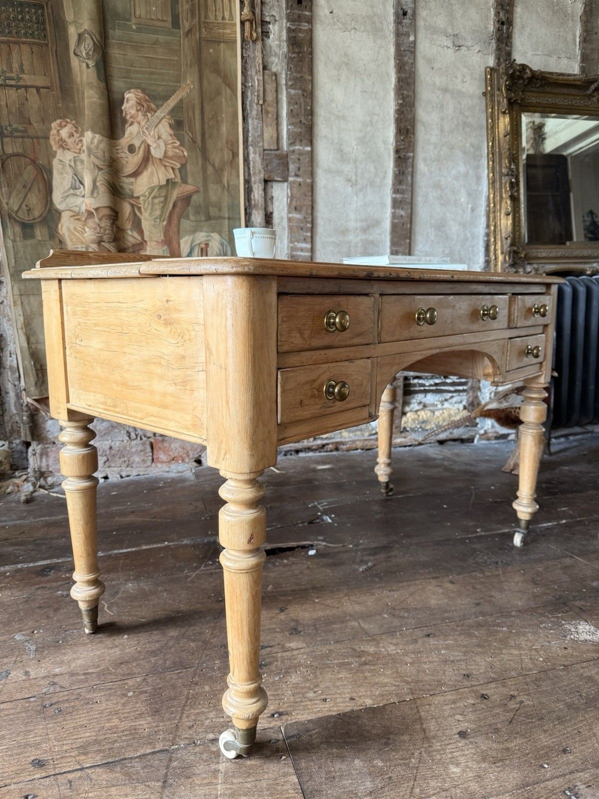 photo furniture Original English Farmhouse Rustic Antique Pine Writing Office Table Desk 1860c
