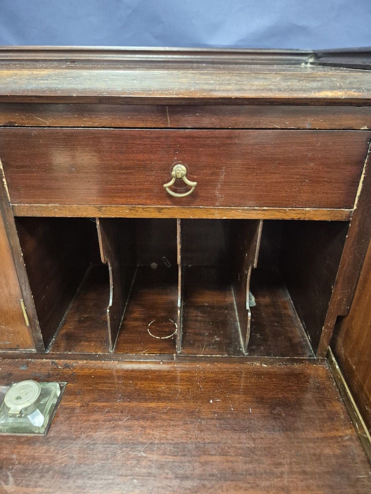 Vintage Queen Anne Style Burr Walnut Writing Bureau With Inkwells And Keys photo buy