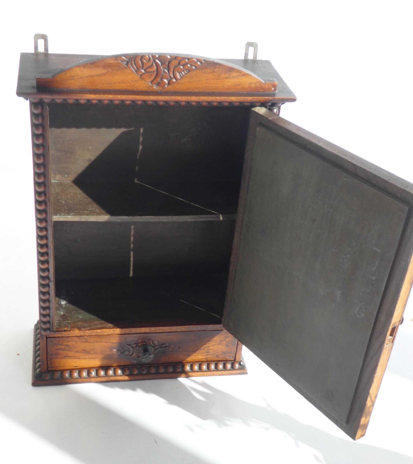 photo furniture Art Deco Antique Dark Wooden Apothecary, Small Mirror Cabinet Floral Carved, Medicine Cabinet With Shelf