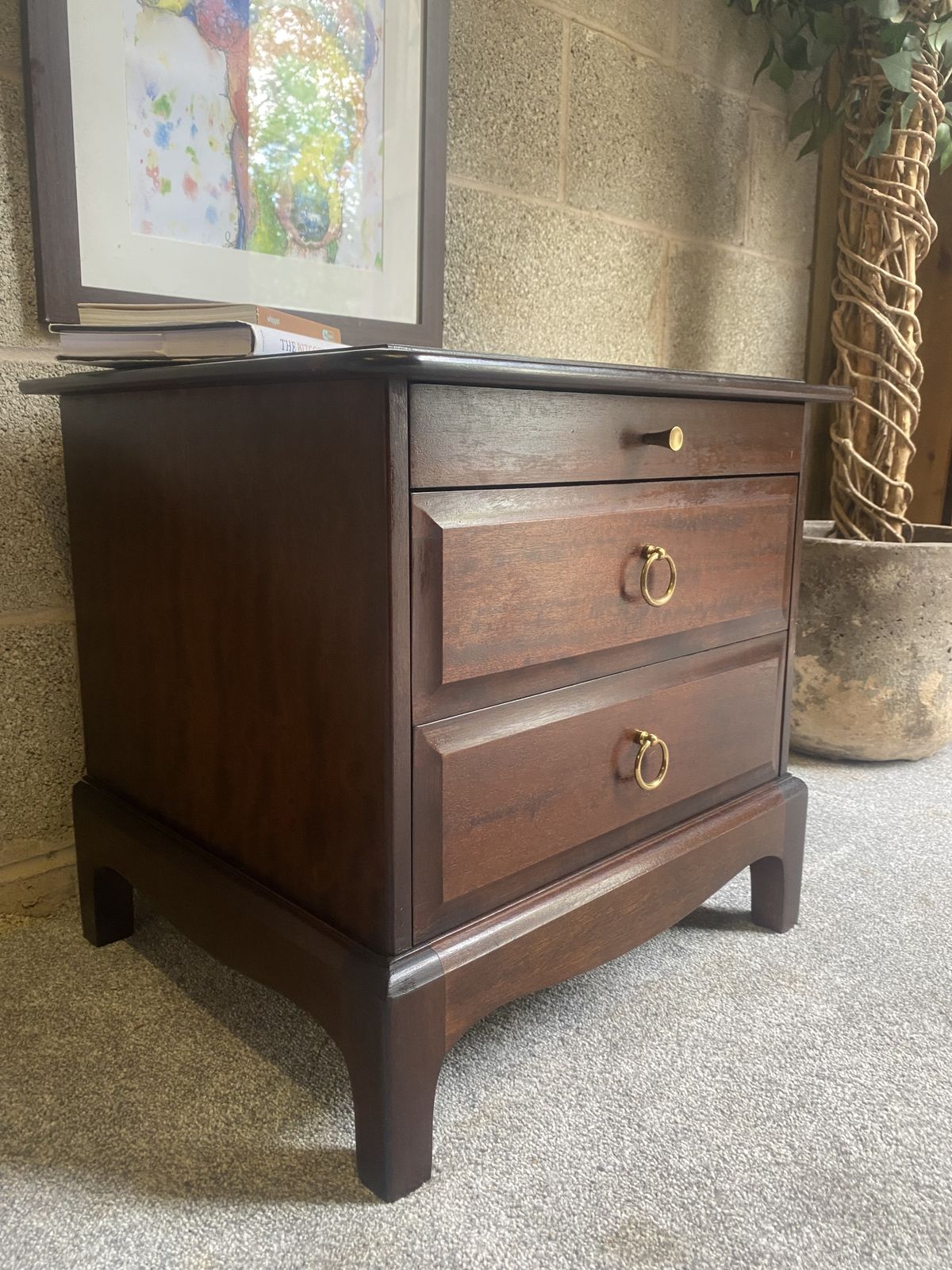 Vintage Mahogany Two Drawer Bedside Cabinet With Pull Out Slide – Brass Ring Handles photo furniture
