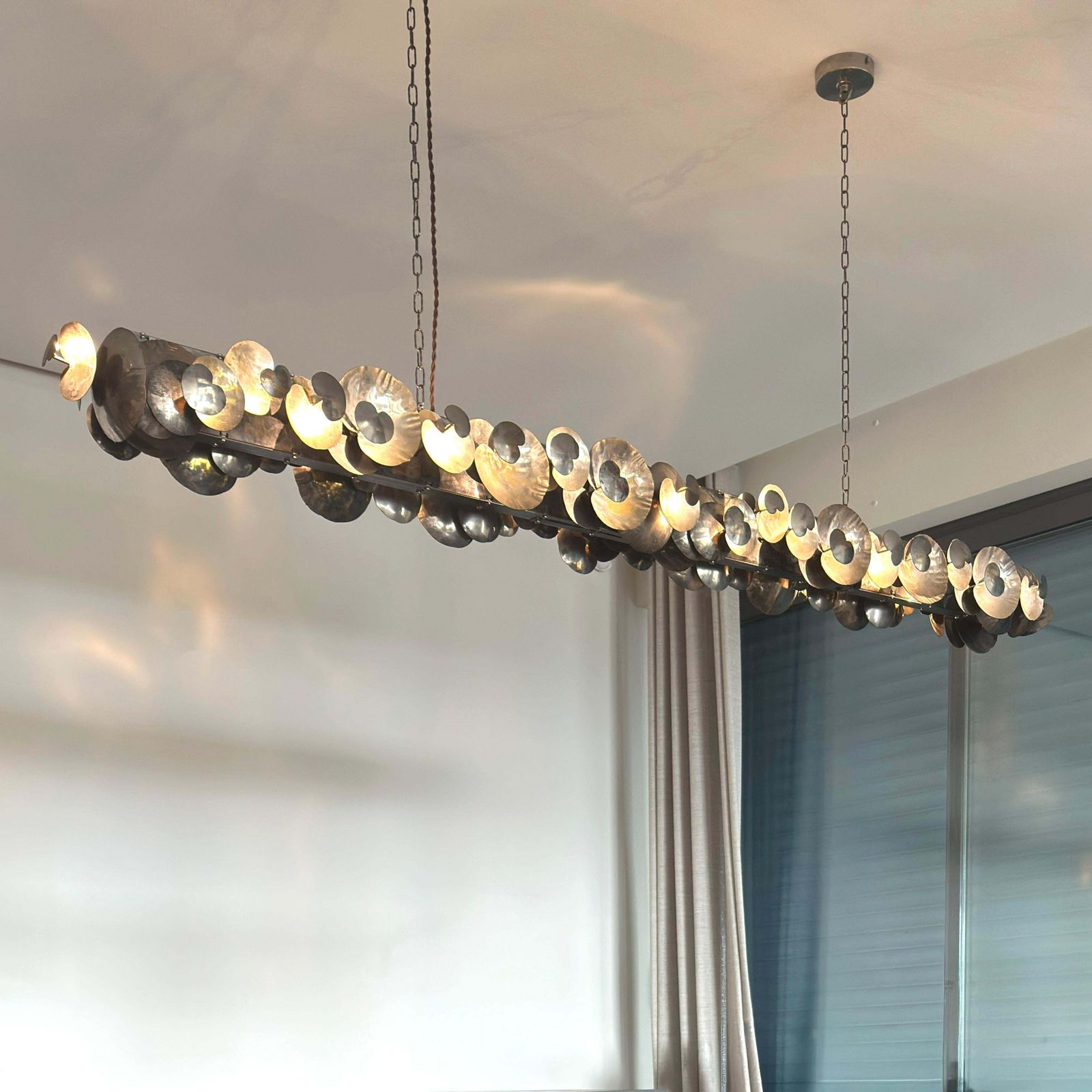 Linear Chandelier, Patinated Pewter, Ochre London Eucalyptus, England, 2011 photo vintage