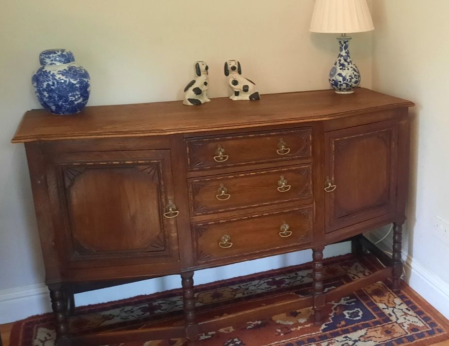 Vintage Oak Art Deco Three Drawer Two Cupboard Sideboard Bobbin Turned Legs