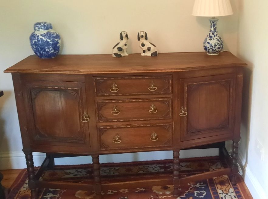 Vintage Oak Art Deco Three Drawer Two Cupboard Sideboard Bobbin Turned Legs photo furniture