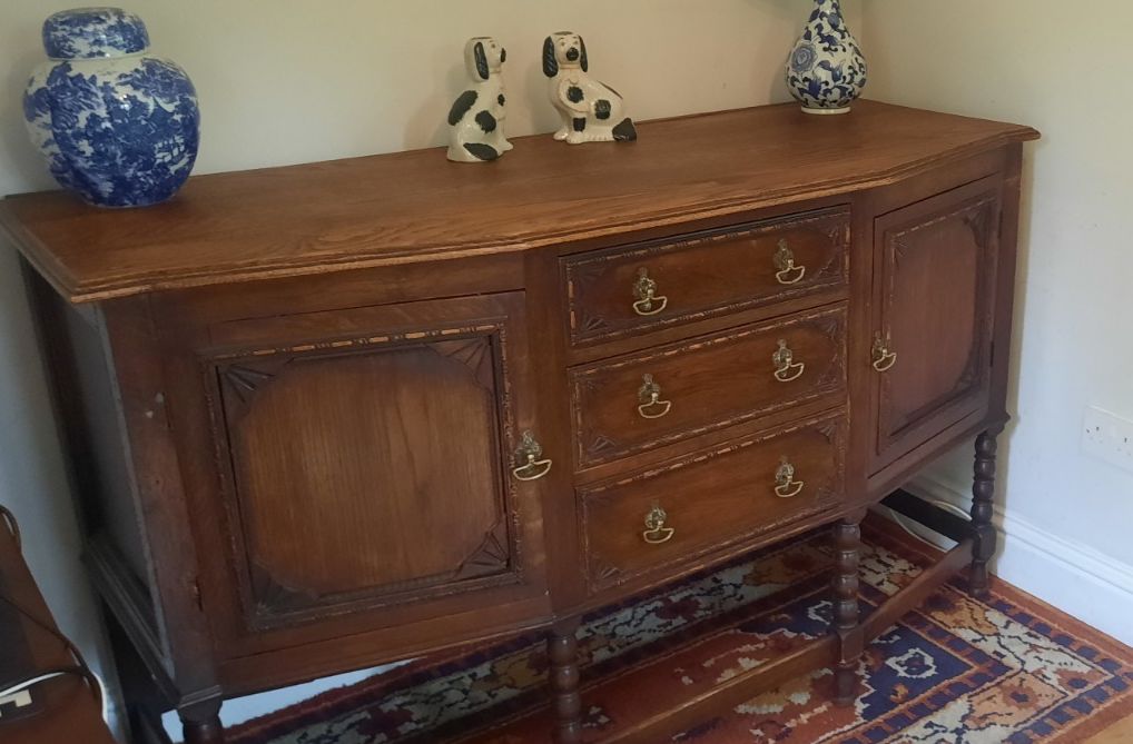 Vintage Oak Art Deco Three Drawer Two Cupboard Sideboard Bobbin Turned Legs photo for sale
