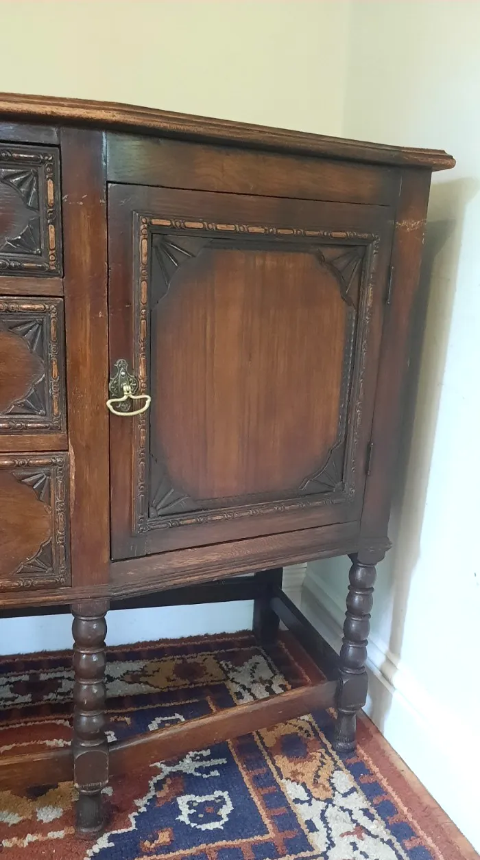 225.0 Vintage Oak Art Deco Three Drawer Two Cupboard Sideboard Bobbin Turned Legs photo