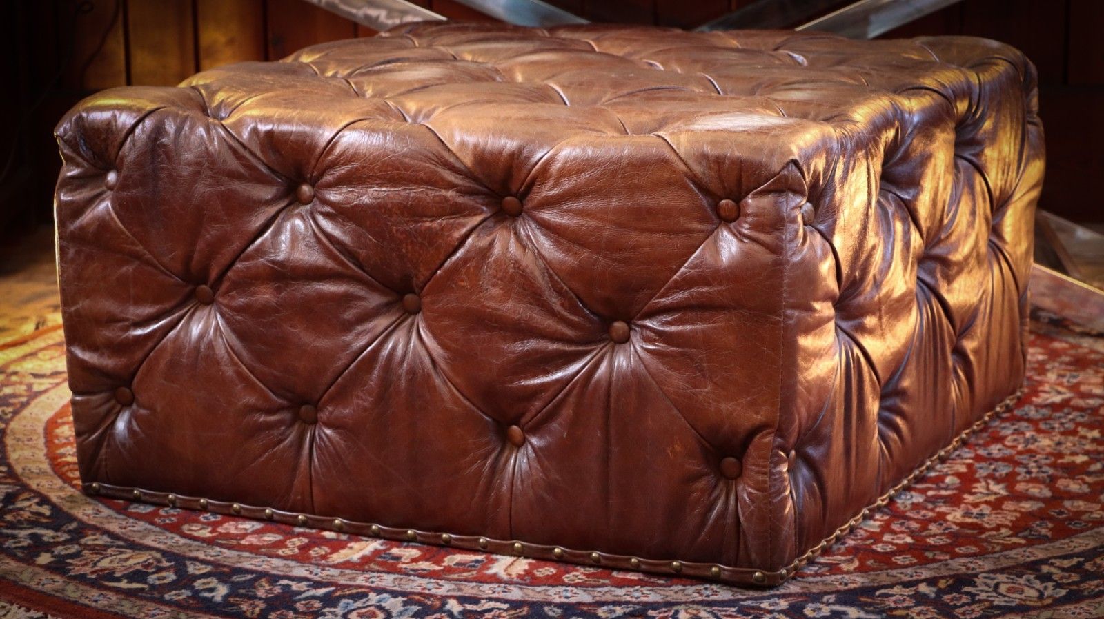 Timothy Oulton Lord Digsby Sqaure Leather Footstool Ottoman Antique Whisky Tan🚚 photo vintage