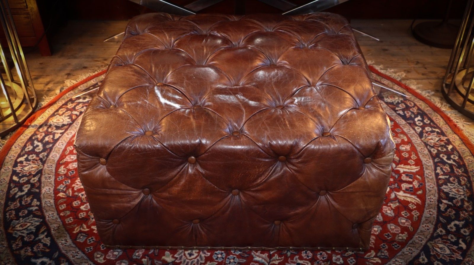 photo for sale Timothy Oulton Lord Digsby Sqaure Leather Footstool Ottoman Antique Whisky Tan🚚