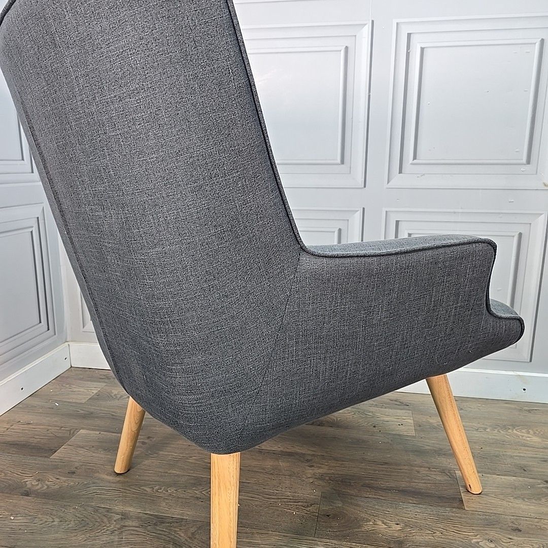 photo vinterior Retro Armchair & Footstool Mid Century Style – Grey Upholstery Wooden Legs Chair