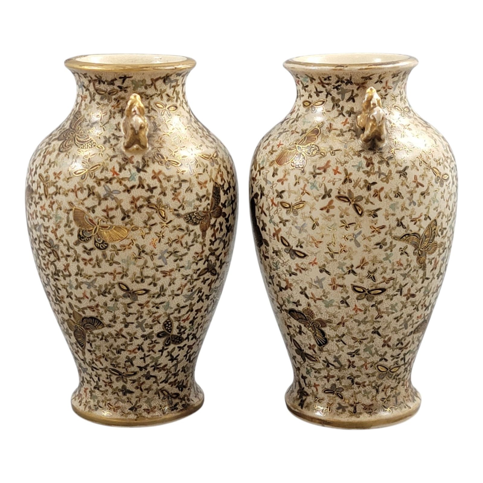 photo for sale Pair Of Japanese Satsuma Thousand Butterflies Vases, Signed Kinzan, Meiji Period