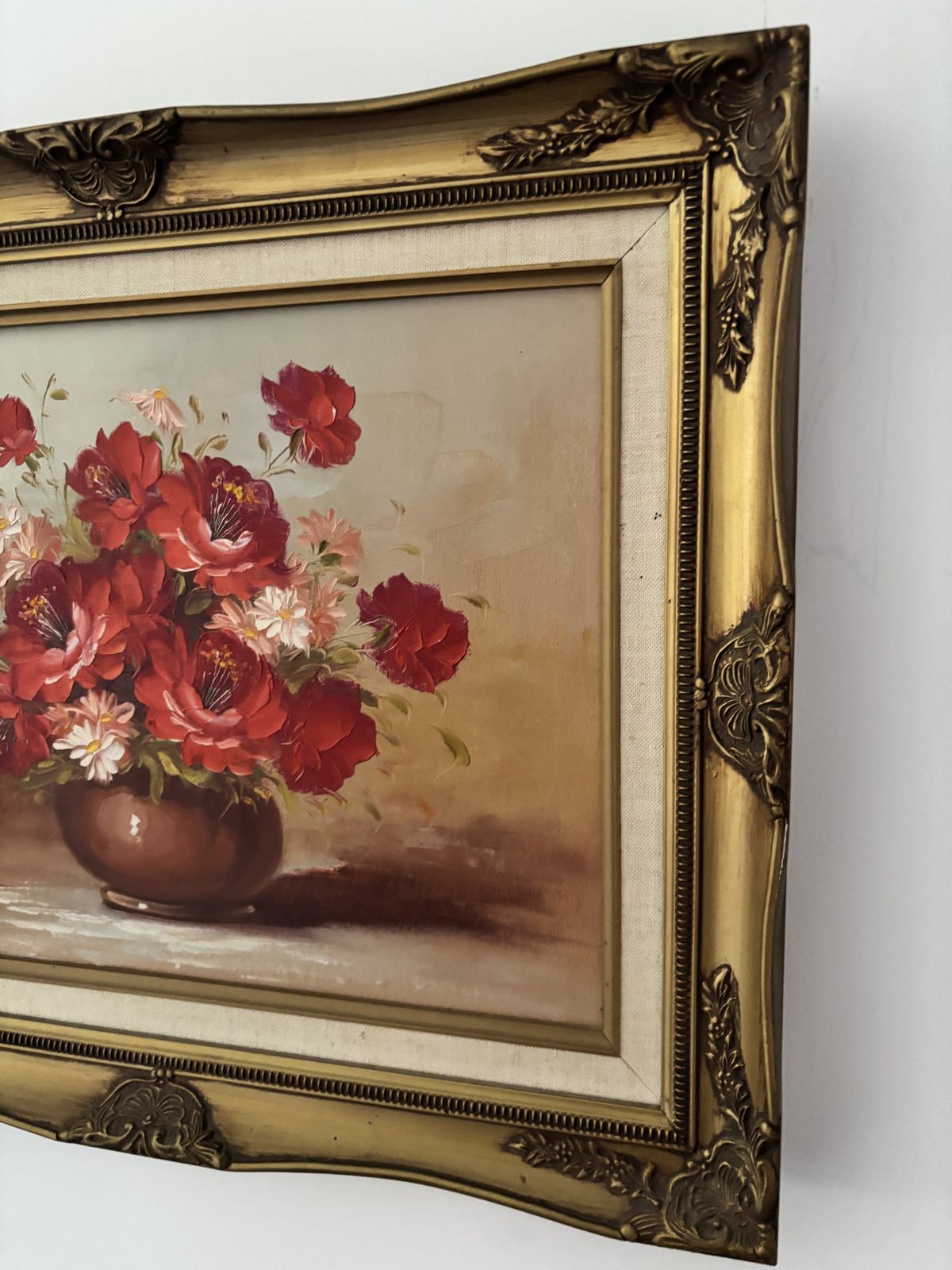 Vintage Signed Floral Oil Painting By Sally Benson In Ornate Gold Frame photo for sale