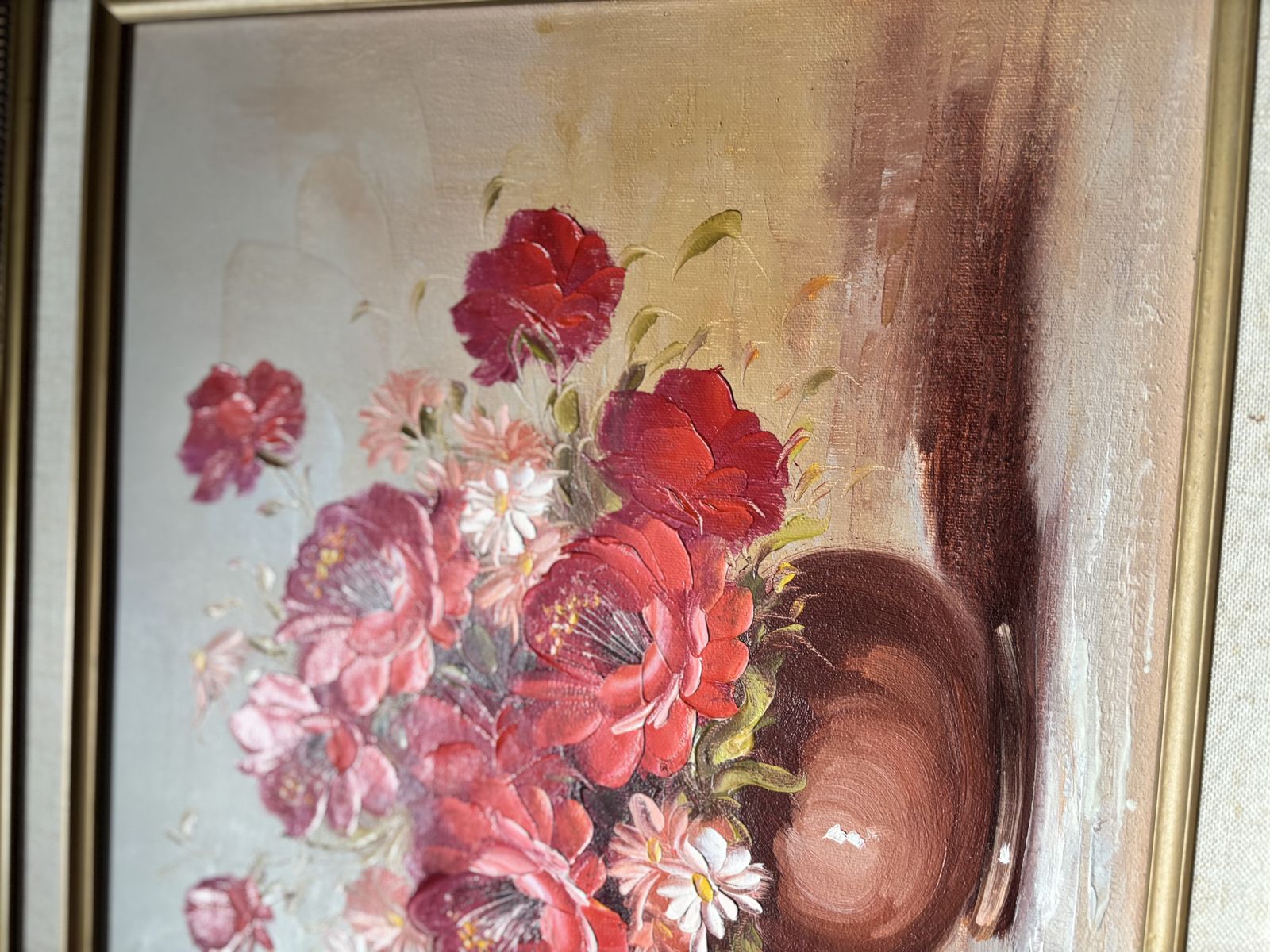 Vintage Signed Floral Oil Painting By Sally Benson In Ornate Gold Frame photo vintage