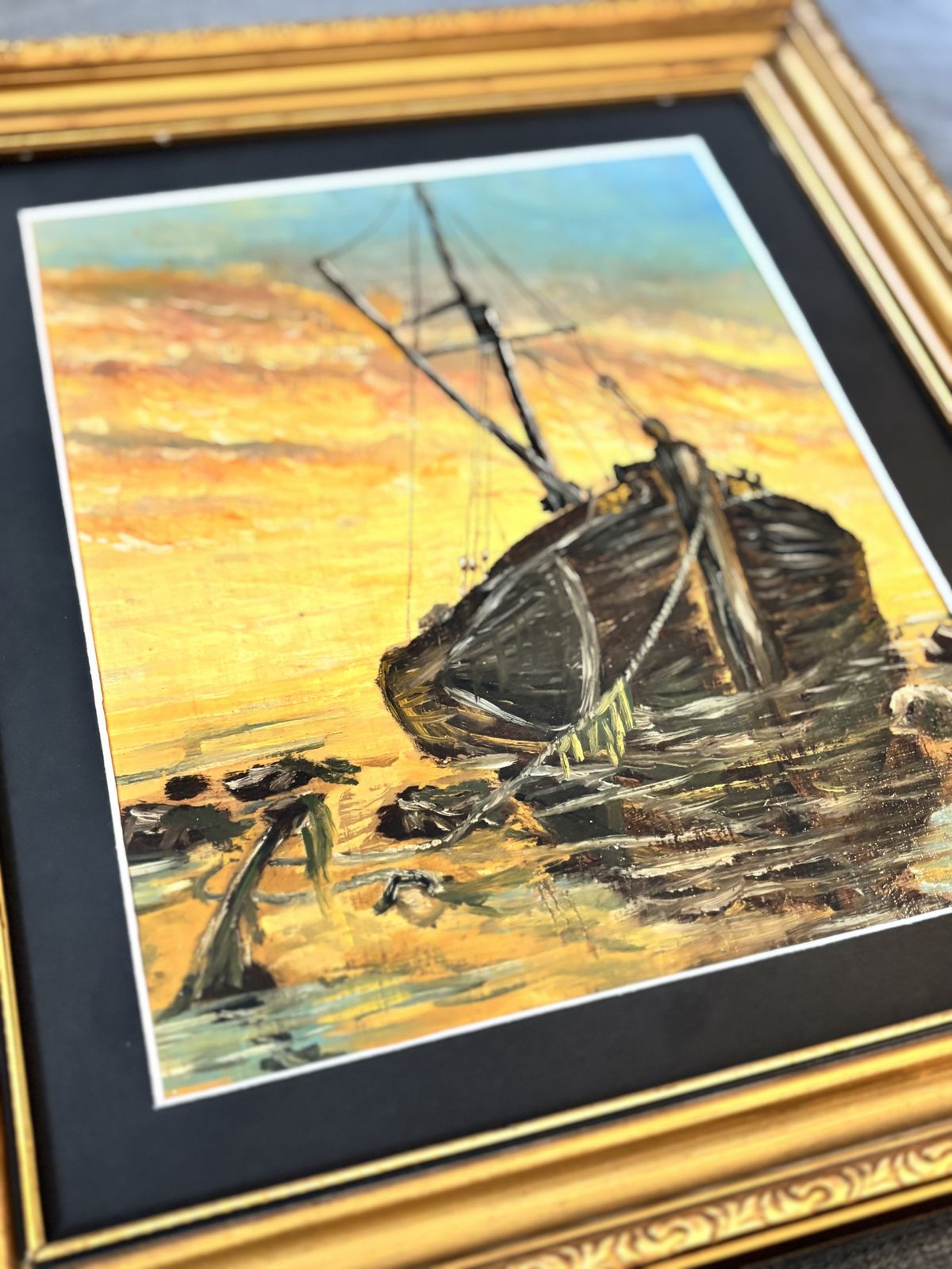 Vintage Nautical Oil Painting Of Fishing Boat At Sunset In Ornate Gold Frame photo for sale