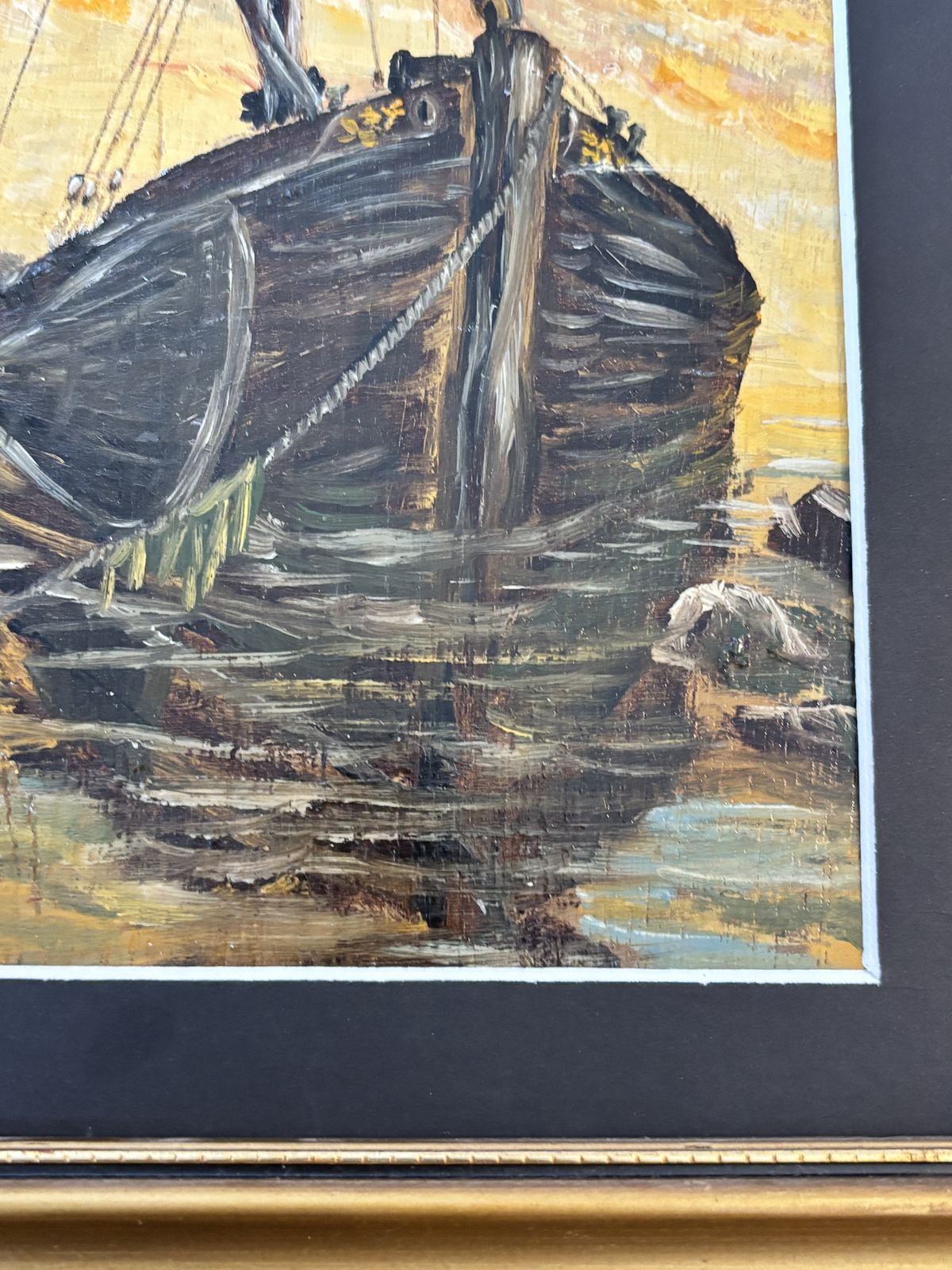 Vintage Nautical Oil Painting Of Fishing Boat At Sunset In Ornate Gold Frame photo vinterior
