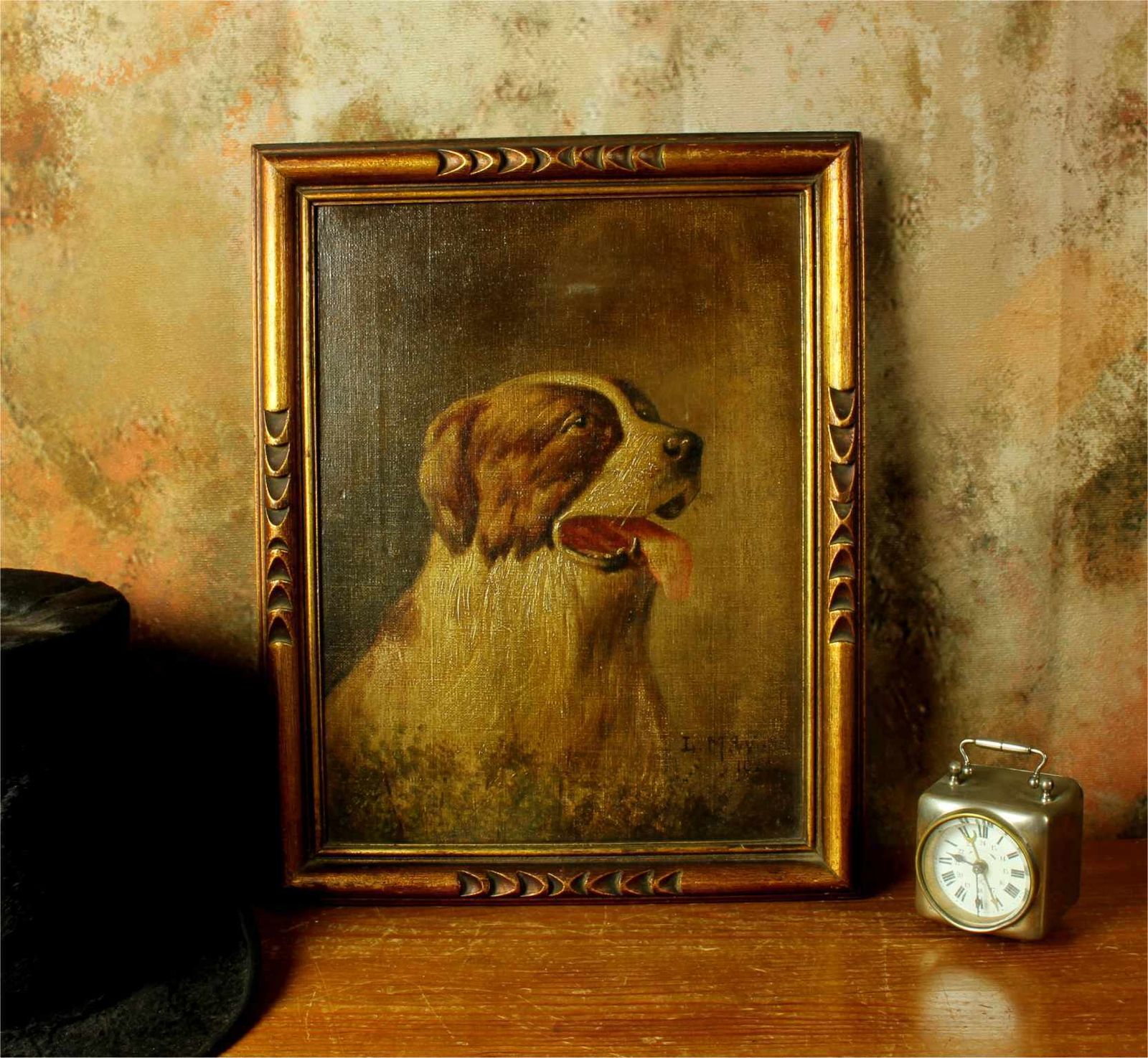 Antique St Bernard Oil Painting. Framed Lm Webb Signed Dog Portrait. 1929. photo for sale