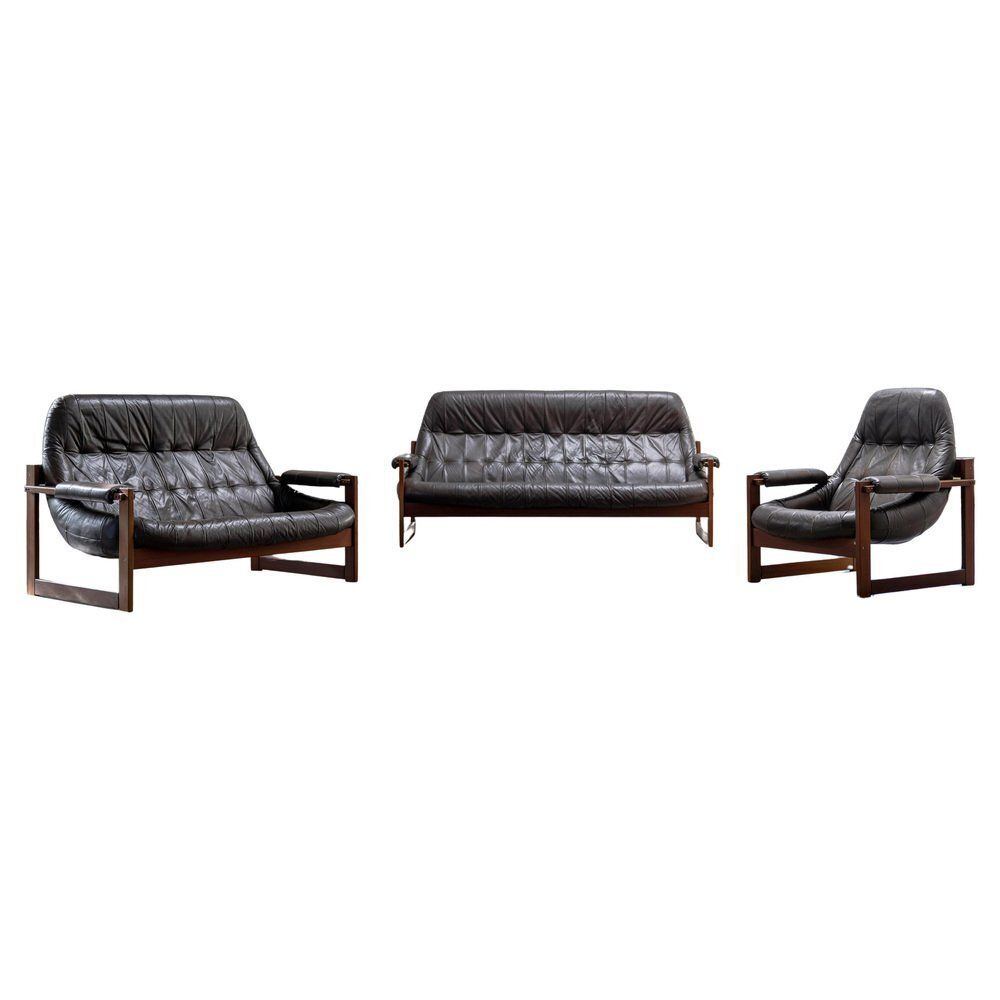 Brazilian Modern Leather Sofas And Lounge Chair By Percival Lafer, 1970s, Set Of 3