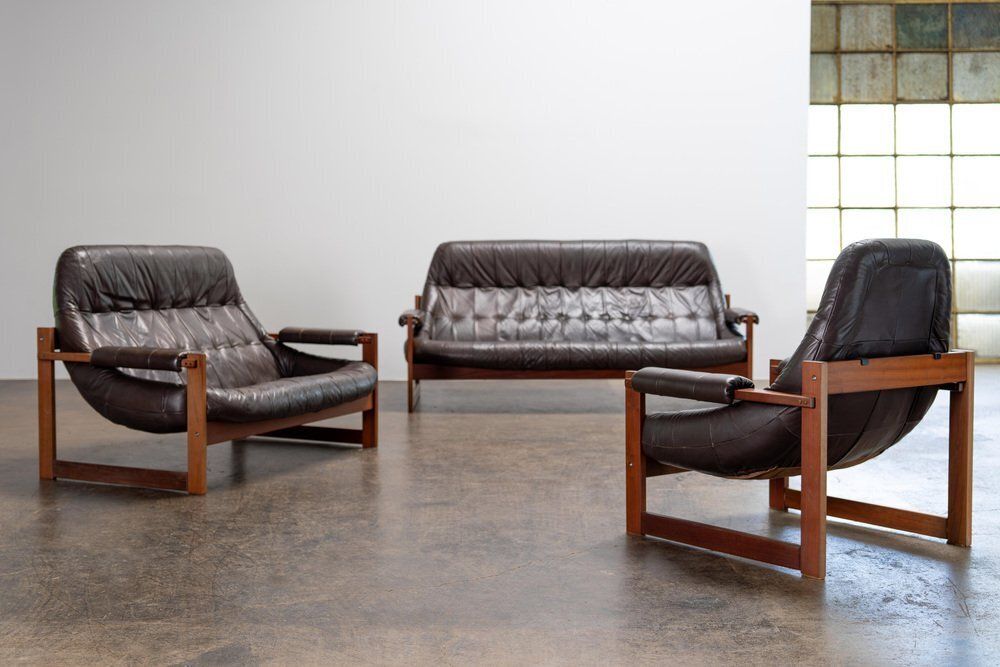 Brazilian Modern Leather Sofas And Lounge Chair By Percival Lafer, 1970s, Set Of 3 photo Furniture