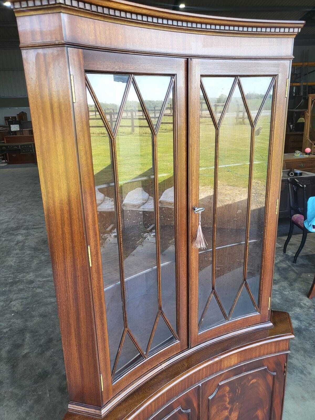 photo for sale Antique Repro Large Mahogany Concave Glazed Corner Cabinet