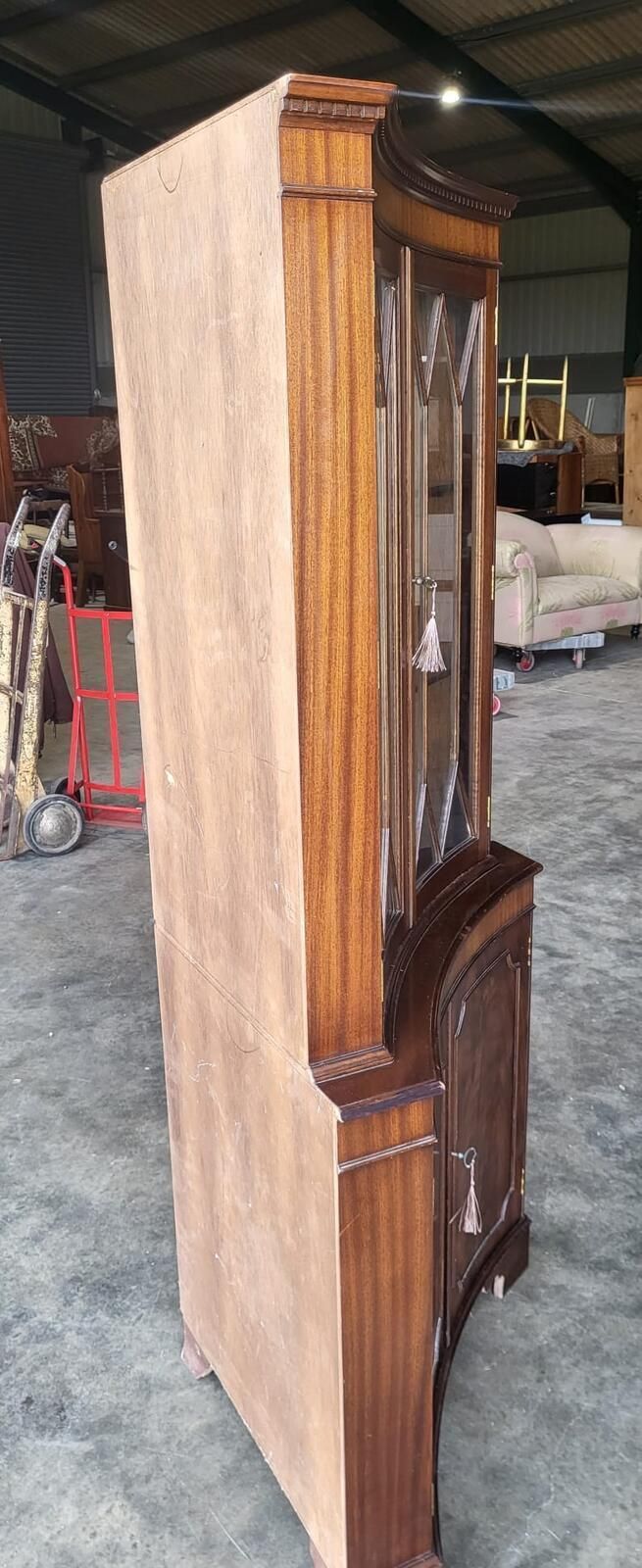 220.0 Antique Repro Large Mahogany Concave Glazed Corner Cabinet photo