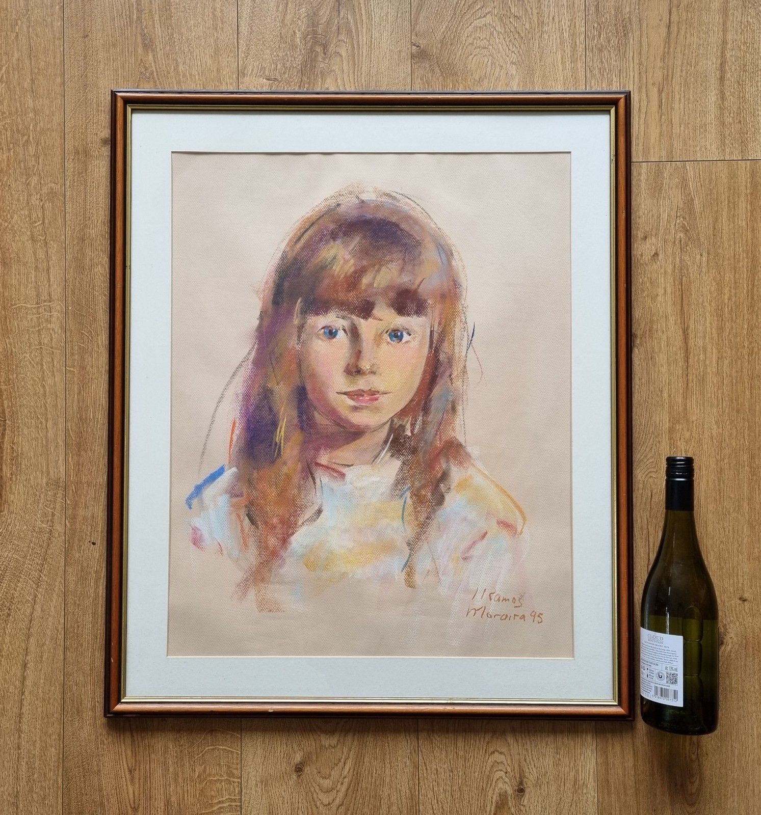 Large Vintage Portrait Pastel Drawing Of A Girl Framed Signed 1995 photo for sale