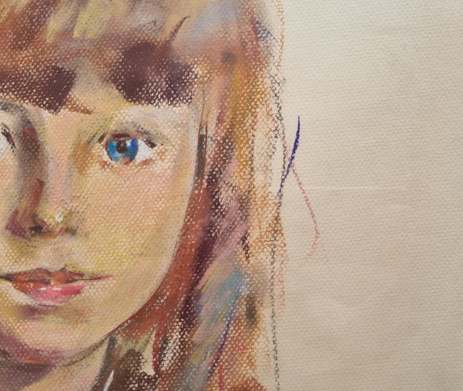 Large Vintage Portrait Pastel Drawing Of A Girl Framed Signed 1995 photo vintage
