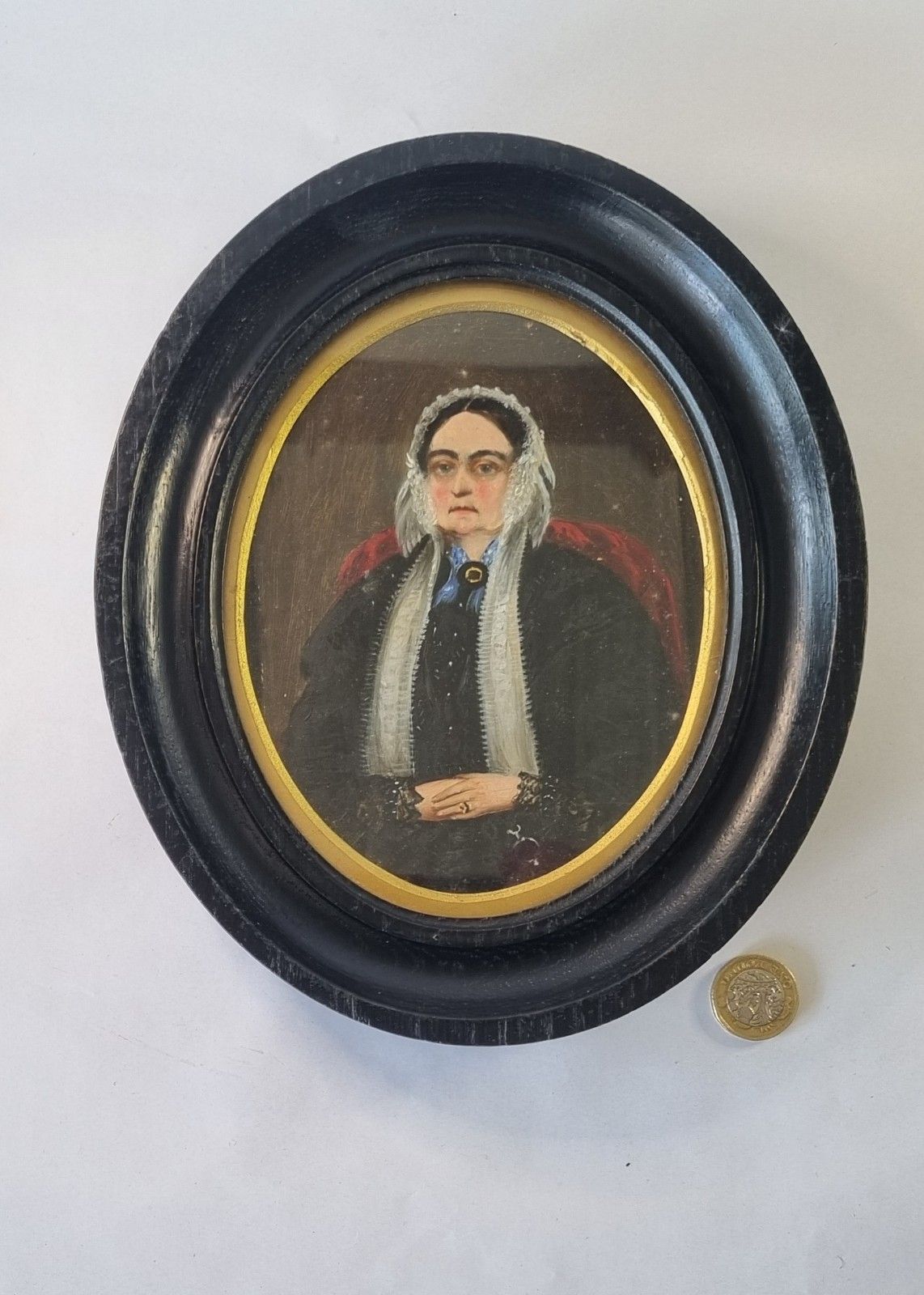 Small Antique 19th Century Oil Painting Portrait Woman Oval Framed 23.5cm X 20cm photo for sale