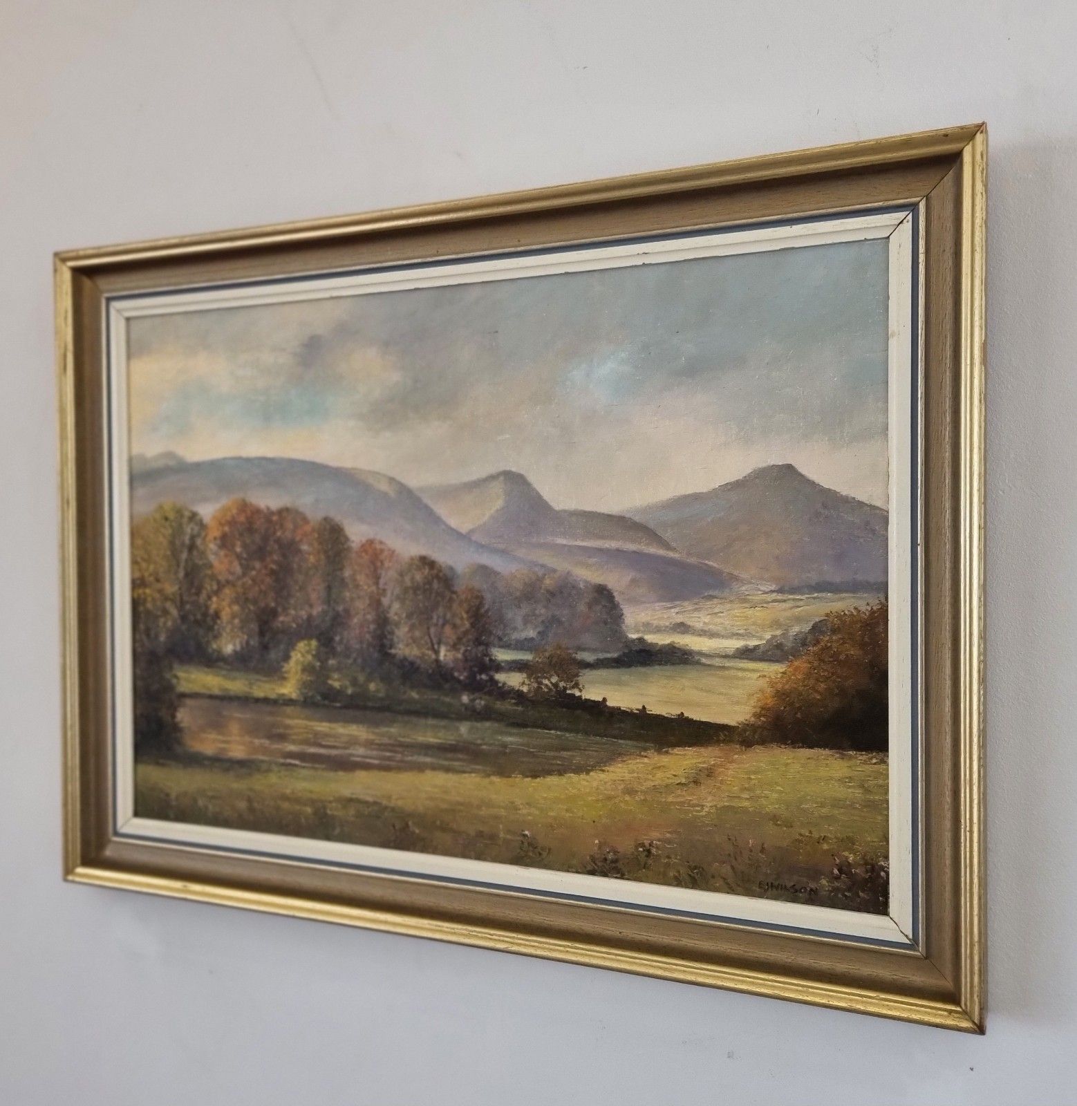 Vintage E J Wilson Oil Painting Wales Sugarloaf Hill River Fishing Landscape photo 110.0