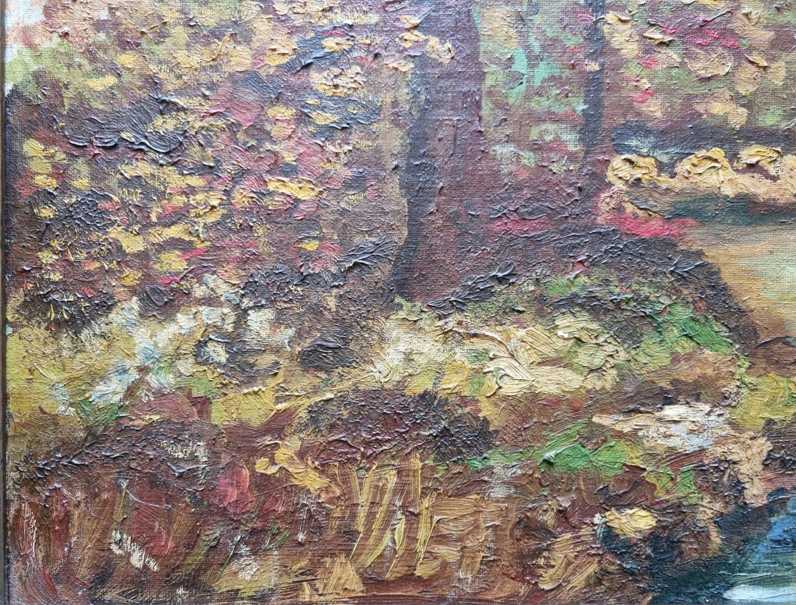 Art Vintage Framed Impressionist Style Oil Painting Riverside Trees Landscape Signed photo