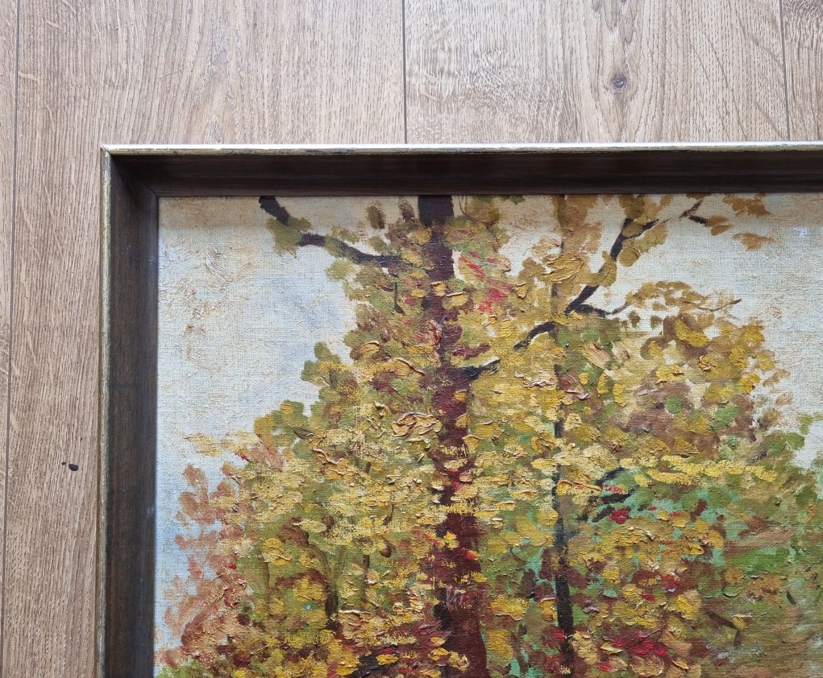 photo vintage Vintage Framed Impressionist Style Oil Painting Riverside Trees Landscape Signed